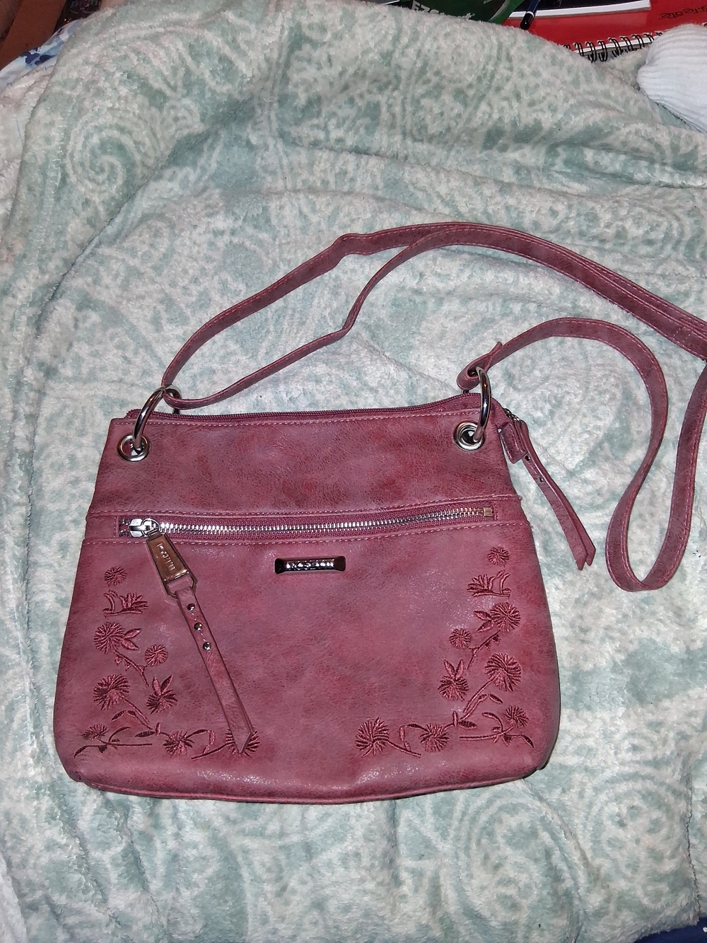 Embroidered Dusty Mauve Crossbody Bag with Adjustable Strap - Picture 1 of 6